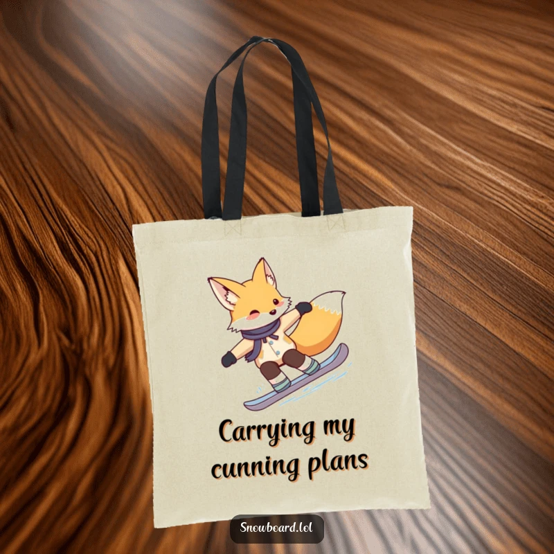 Funny fox tote bag, gracefully carving turns on a snowboard, designed for stylish adventurers and fans of witty art.