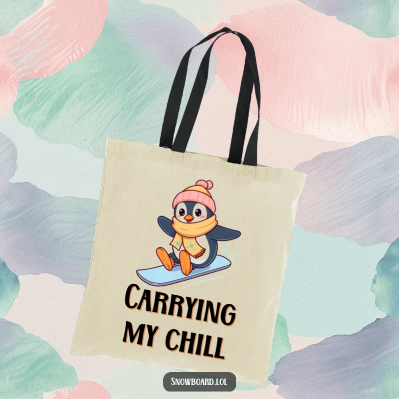 Funny penguin on snowboard, winter tote bag, happy rider design, brilliant funny gift for outdoor trips.