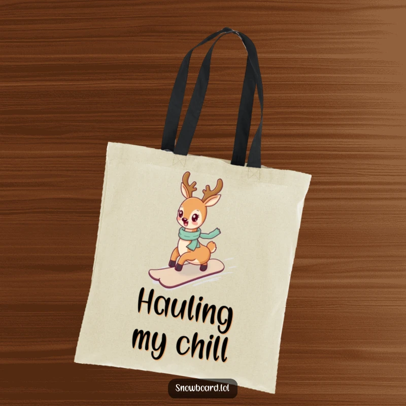 Funny deer gliding on a snowboard down a hill, a chic and humorous tote bag.