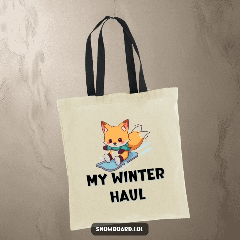 Funny fox on snowboard, winter tote bag, cheerful rider design, brilliant funny gift for outdoor trips.