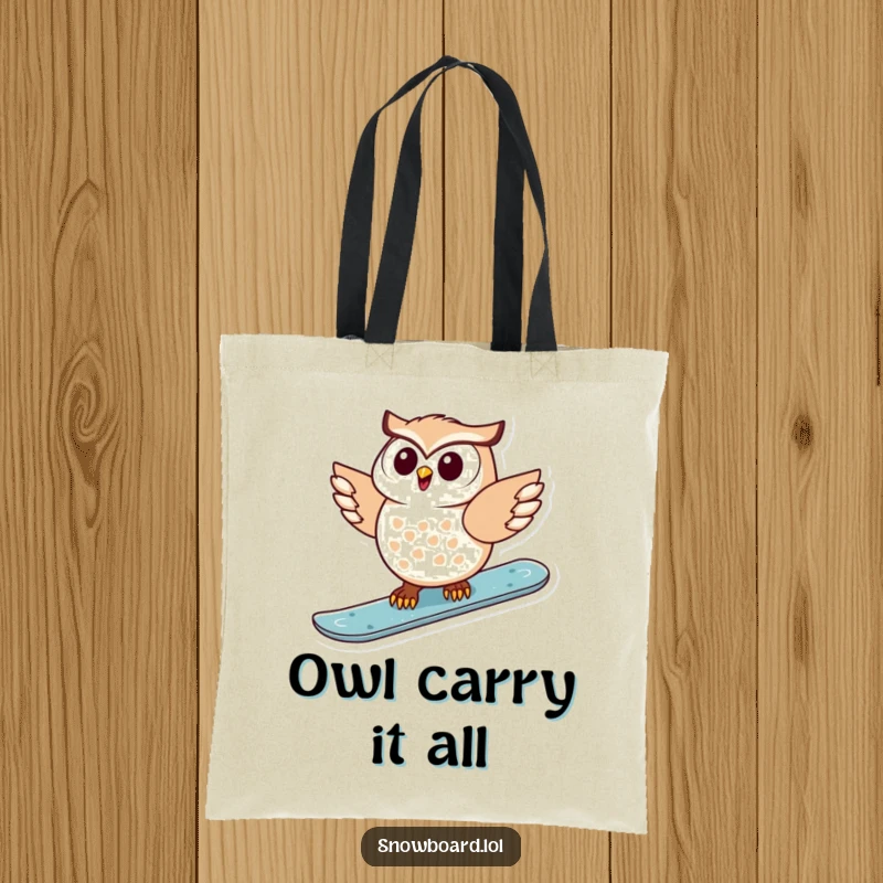 Funny tote bag featuring a delighted owl expertly snowboarding, capturing the thrill and joy of winter sports.